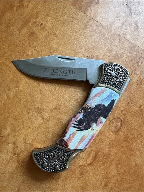 Bradford Exchange Collectible Folding Knife with Eagle Art - Cream, Gold, Black